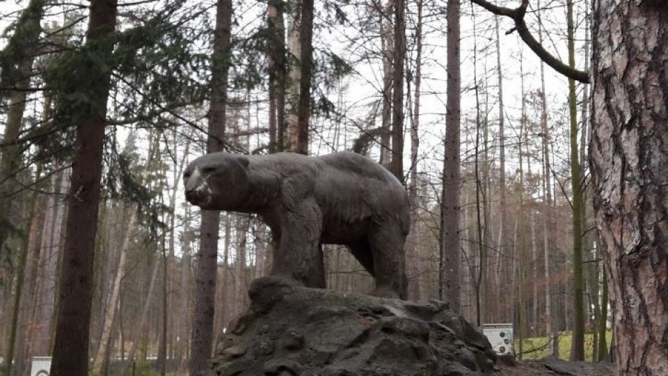 Rzeźba Niedźwiedzia Polarnego z tufu wulkanicznego w Parku Zdrojowym